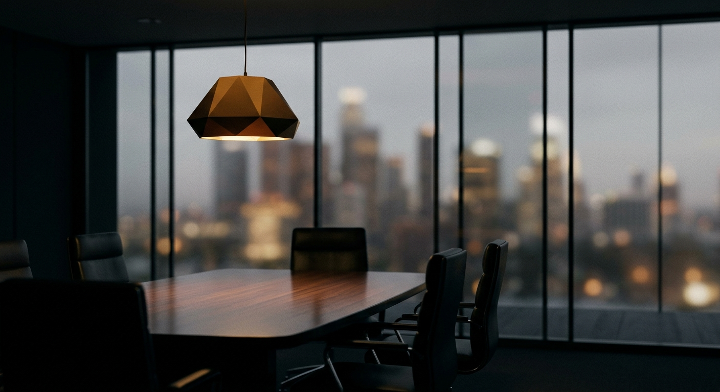 An empty executive boardroom at dusk, a warm pendant light over a dark table, city lights softly defocused beyond the glass